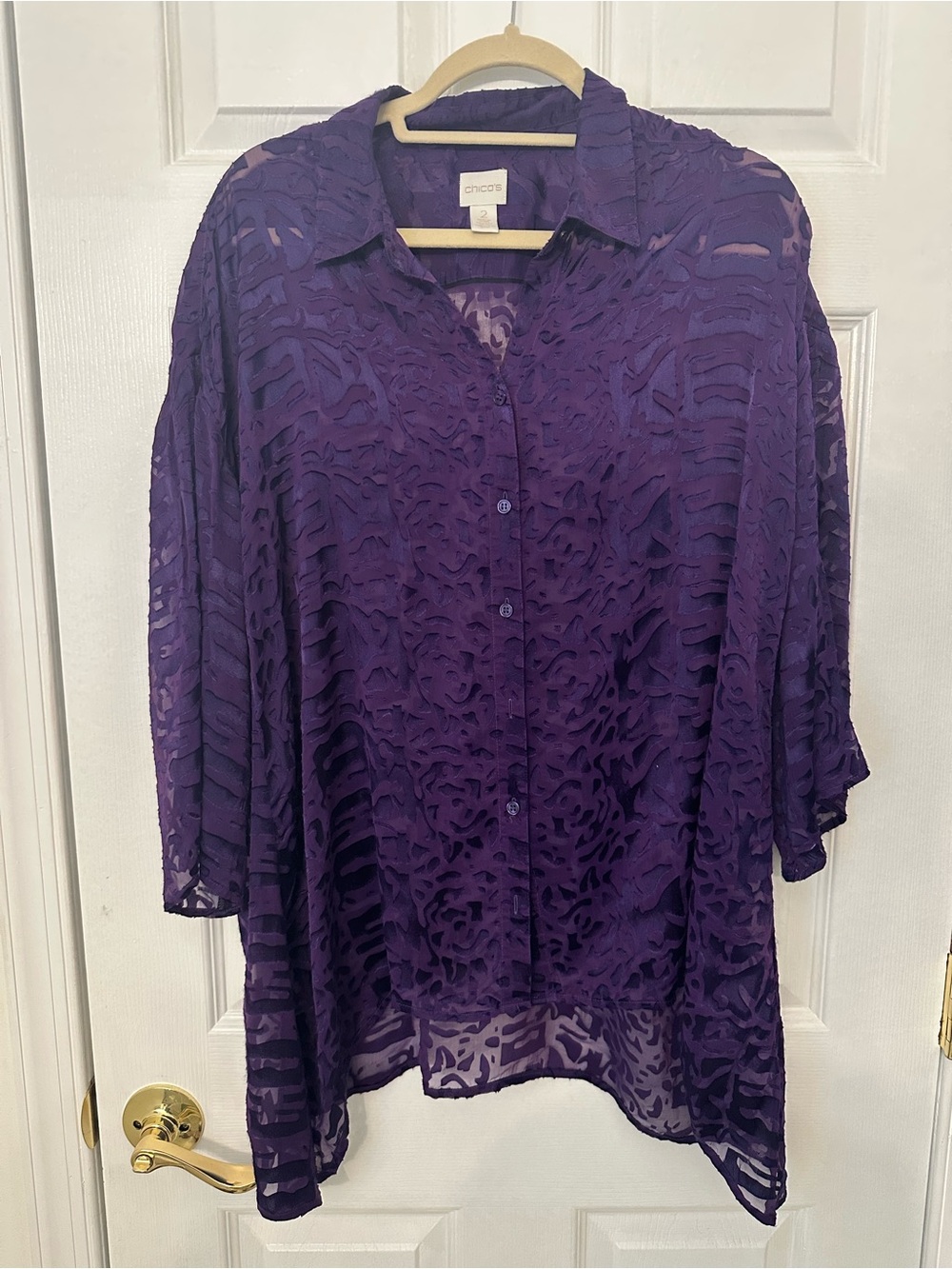 Chico's Deep Purple velvet burnout‎ sheer Cutout Button-Down Top